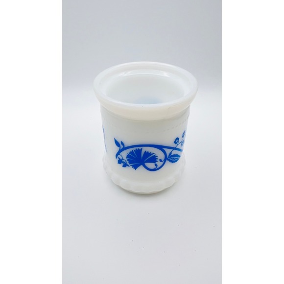 Vintage Milk Glass Blue Floral Toothbrush Holder Vanity Jar Scalloped Base - Picture 3 of 8